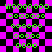 A static pixel art image with a purple and black checkered background, displaying green digital text in that form a pattern