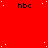 Red background with scattered white dots, multiple 'hbc' text labels in black pixelated font arranged in a pattern
