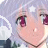 Pixelated anime-style close-up of a character's face with light purple hair, large dark eyes with pink highlights, and a faint smile against a blurred background.