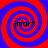 Four identical spiral patterns in red and blue with the text 'jmort' at their centers, arranged in a on a solid background