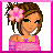 Pixelated cartoon-style buddy icon featuring a female character with brown hair and pink flower accessory on left, next to bright pink background with "Pretty N Pink" text on right.