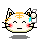 Pixel art cat head with closed eyes, orange stripes, and red cheeks on gray background; second view shows open eyes and different mouth shape.
