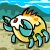Pixelated animated buddy icon of a yellow crab-like creature with turquoise claws and red eyes on a beach background, shown in two sequential frames where the left claw moves slightly forward.