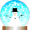 A snowman in a blue-tinted snow globe with falling white particles, wearing a black top hat and dark buttons.