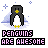 Pixel art penguin with yellow beak and feet stands on light blue snow mound, surrounded by small purple stars, text below reads 'PENGUINS ARE AWESOME' in varying color schemes.