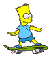 Yellow-skinned cartoon character with spiky hair rides green skateboard on gray background, wearing light blue shirt and dark blue shorts.