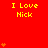 Red background with yellow text "I Love Nick" repeated across the image, surrounded by orange heart symbols in various arrangements.