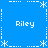 Blue background with white pixelated snowflakes and dashed lines forming a , four instances of the text "Riley" in white pixelated font at corners