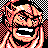 Pixelated static icon of a character with light skin, dark hair, and an open mouth showing teeth, set against a black-and-white checkered background with red pixel accents.