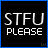 16 identical square with black backgrounds, each displaying 'STFU PLEASE' text where 'STFU' is white and 'PLEASE' is blue, with blue borders around each