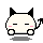 Pixelated white cat-like creature with black ears and tail, closed eyes, pink cheeks, four square feet, gray shadow on light gray background.