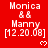 Red background displays repeated white text "Monica && Manny [12.20.08]" with small white hearts, some text slightly blurred.