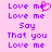 Pixelated text and heart symbol on pink background with purple lettering, showing animation where the heart changes from blue to pink.