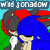 Pixelated character with blue hair and red accents, head turned left to right across frames, white collar visible against green background.