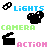 Pixelated icon set with camera, action, and lights symbols in blue, green, pink text; one instance shows 'LOVE' instead of 'ACTION'.