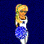 Pixelated 64x64 static icon of a cheerleader figure with long blonde hair, white top, and blue skirt against dark blue background.