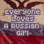 Pixelated text 'EVERYONE LOVES A RUSSIAN GIRL' over a blurred background with red and brown tones, showing two states where the first word's color changes from light gray to dark red.
