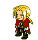 Pixel art character with blonde hair and red coat in multiple poses including standing, hand gestures, and yellow energy effects.