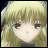A 48x48 pixel buddy icon featuring a split composition with an anime-style character on the left and text elements on the right against a black background.
