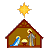 A pixel art contact sheet showing two frames of a Christmas-themed animated buddy icon with a nativity scene on the left and "OriginalIcons.com" text on the right.