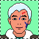 Pixelated character with light blue hair, red and blue facial markings, white top, brown shoulders, green background; show subtle mouth movement