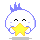 Pixelated character with blue spiky hair and white face holds yellow star, then releases it as stars float around the character.