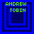 Green pixelated text 'ANDREW TOBIN' appears above nested blue squares on a dark blue background.