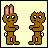 Pixel art contact sheet showing 5 frames of an animated icon with two cartoon characters: a rabbit and a bear-like figure, on yellow background with speech bubbles changing across frames.