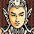 Pixelated static icon featuring a stylized face with orange and beige tones against a black background with orange dot pattern, surrounded by white and black checkered border elements.