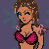 Pixel art contact sheet showing three frames of a female character in pink bikini top with braided hair, against purple background with star patterns and blue text fragments.