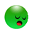 Green pixelated sphere with closed eyes and open mouth showing red tongue against gray background.