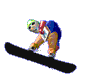 A snowboarder in blue and red clothing performs aerial tricks against a gray background, captured across six sequential poses showing dynamic movement.