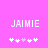 Pixelated text 'JAIMIE' in white on bright pink background with five small white and light pink star-like symbols below.