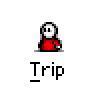 Animated contact sheet showing 25 sampled frames of a pixel art character in red clothing performing various poses and actions against a gray background, with "Trip" text below each frame.