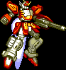 Pixelated mecha robot with red and orange armor, white chest plate, golden crown-like headpiece, holding large cannon, standing against black background.
