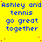 Yellow background with blue text repeating 'Ashley and Ashley and Ashley and Ashley and tennis go great together' in a pattern, with red dots scattered across the image