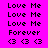 Pixelated text and symbols on a bright pink background with yellow highlight bars, showing repeated phrases and heart icons.