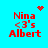Red pixelated text 'Nina <3's Albert' on cyan background with animated heart and starburst symbols.