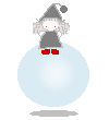Pixel art animation of a small character with gray hat and dress standing on light blue sphere, red boots visible in both frames.