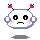 Pixelated character with white rounded head, black eyes, pink cheeks, blue ear-like shapes, and two pink flag-topped antennae; left side shows open eyes, right side shows closed eyes with light blue tears.