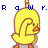 Pixelated yellow duck with brown outline, orange beak and feet, standing upright against white background with blue text above.