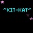 Pixelated cyan text "KIT-KAT" repeated across black background with scattered pink and purple stars, one gray rectangle in bottom-right corner.