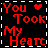 A 3x3 contact sheet of an animated AIM buddy icon showing eight frames with red and white pixelated text on a black background, featuring the phrase "You Took My Heart And Ran Away" with heart symbols and varying text colors across frames.