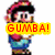 Pixelated character with dark hair and red hat holds yellow banner reading GUMBA! in red text.