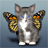 Pixelated gray and white cat with blue eyes stands against light blue background, holding two orange-and-black butterflies on outstretched arms.