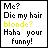 Pixelated static image with black text on white background containing a humorous dialogue about hair color and blonde jokes.