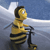 Pixelated static image of a yellow cartoon bee character with black stripes riding a scooter against a blue sky background.