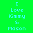 Pixelated text "I Love Kimmy & Mason" displayed in four quadrants with green and yellow backgrounds.