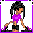 Pixel art of a character with dark braided hair, blue eyes, purple crop top, black shorts, and white sneakers, with text "Shop Aholic" in purple and black.