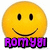 A yellow smiley face icon with black eyes and mouth, featuring pixelated text below that changes color across frames.